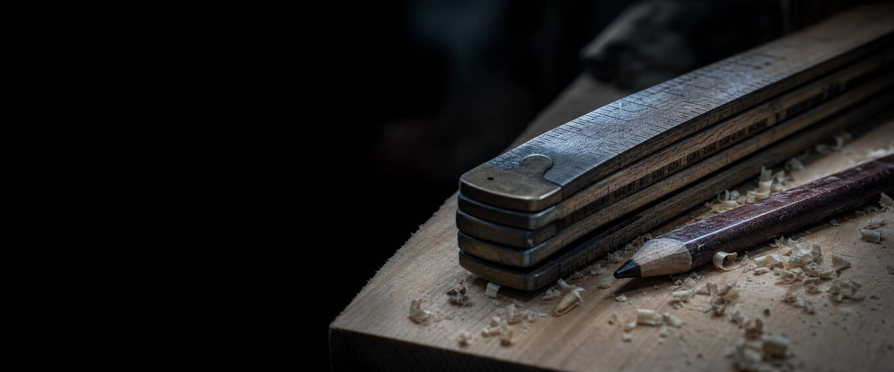 Nahaufnahme eines Zollstocks und eines Schreinerbleistifts auf gehobeltem Holz (Symbolbild)