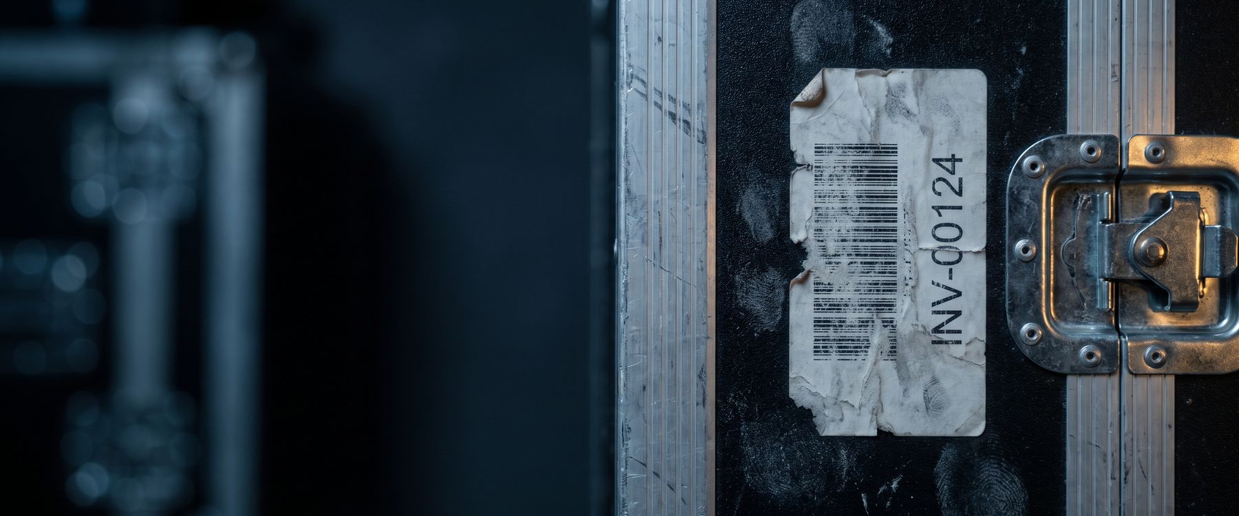 Nahaufnahme eines Inventaretiketts mit Barcode auf dem Deckel eines schwarzen Flightcases (Symbolbild)