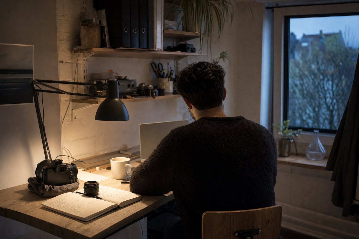 Ein-Personen-Arbeitsplatz am Abend, Kamera und Notizbuch auf dem Tisch, Bildschirm abgewandt (Symbolbild)