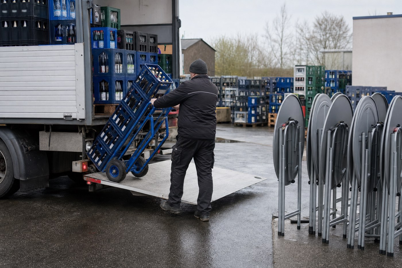 Fahrer belädt einen Lkw mit Getränkekisten, daneben stehen Stehtische zum Verladen bereit (Symbolbild)