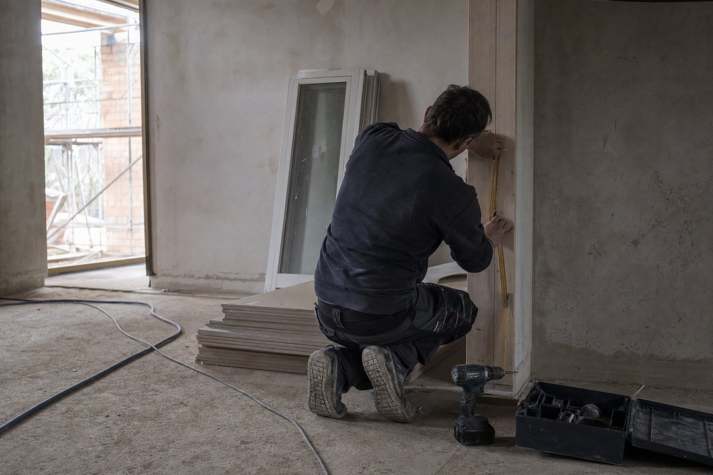 Handwerker misst im Rohbau eine Türzarge aus, daneben gestapelte Platten und ein Fensterelement (Symbolbild)