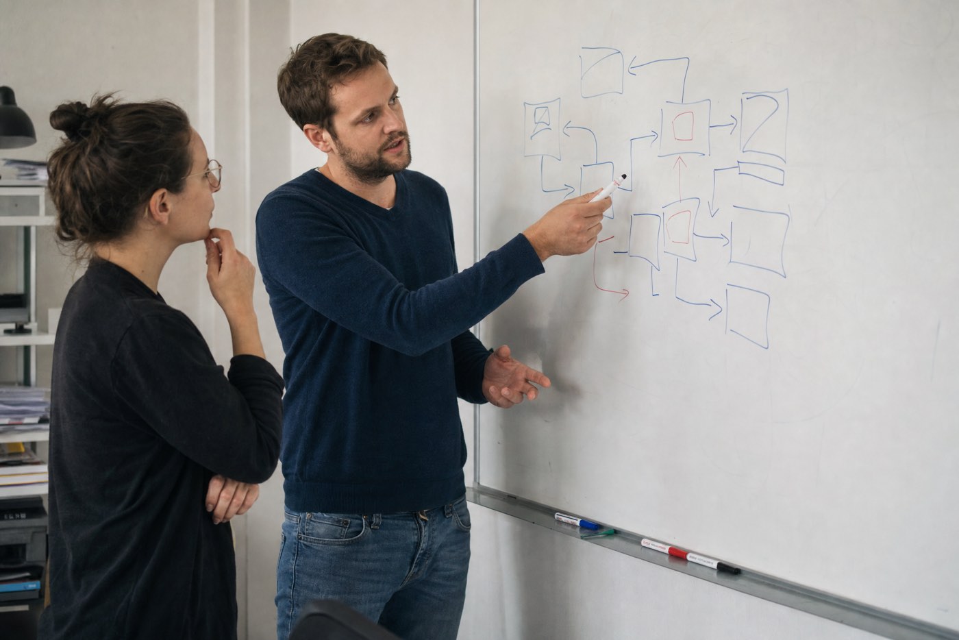 Zwei Personen skizzieren an einem Whiteboard einen Arbeitsablauf (Symbolbild)