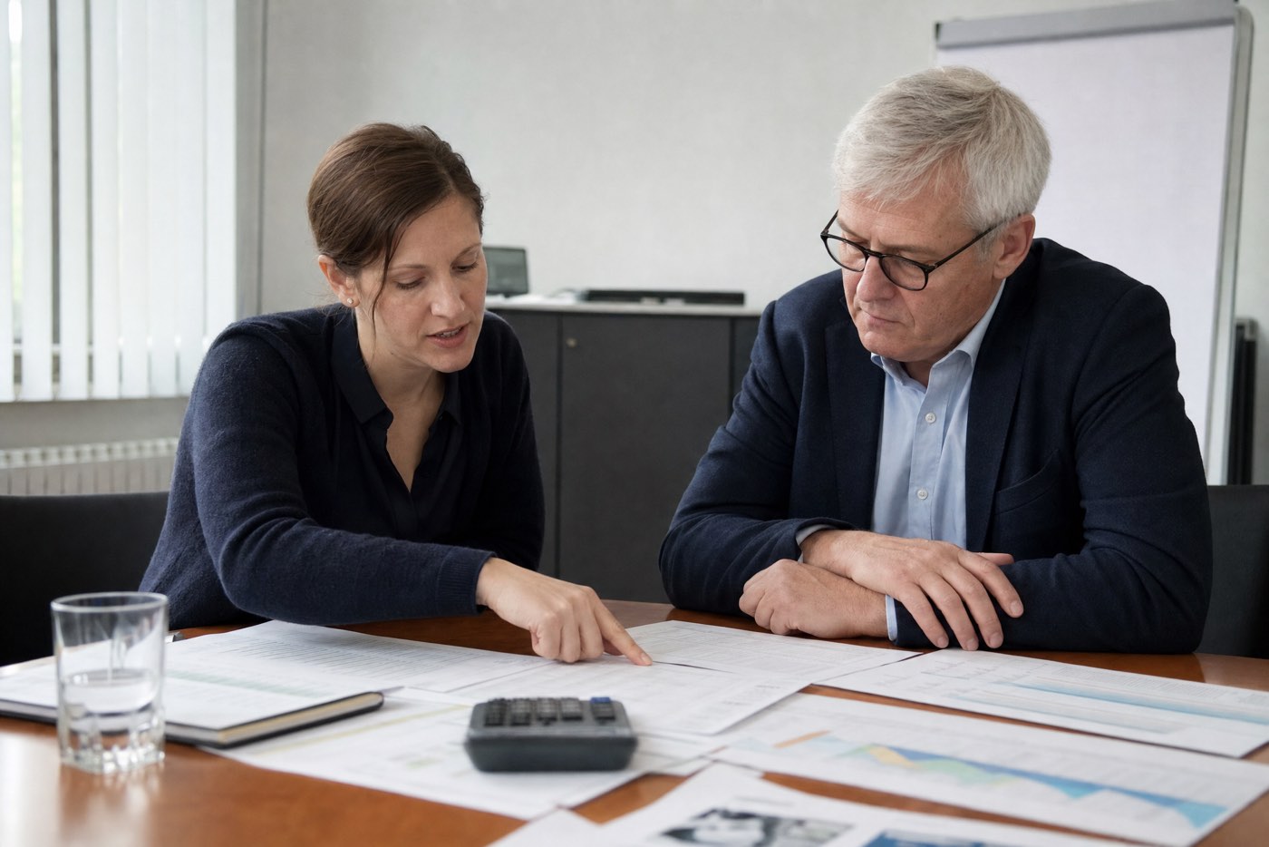Projektleiterin und Geschäftsführer gehen an einem Besprechungstisch Projektzahlen durch (Symbolbild)