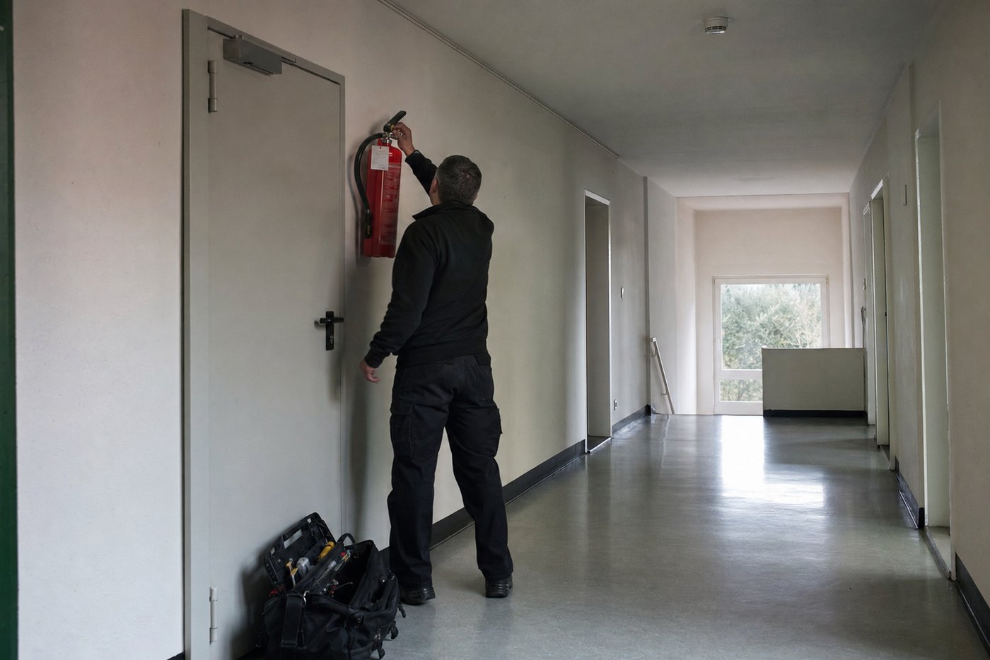 Servicetechniker prüft einen Feuerlöscher im Flur eines Wohngebäudes, im Hintergrund ein Rauchmelder (Symbolbild)