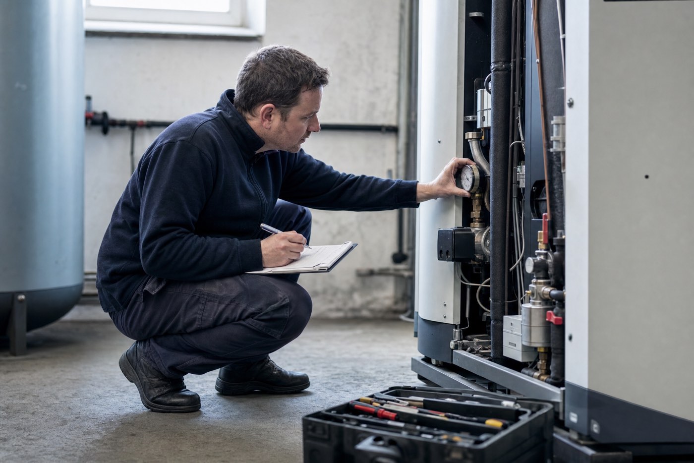 Servicetechniker prüft eine technische Anlage beim Kunden und notiert das Ergebnis (Symbolbild)
